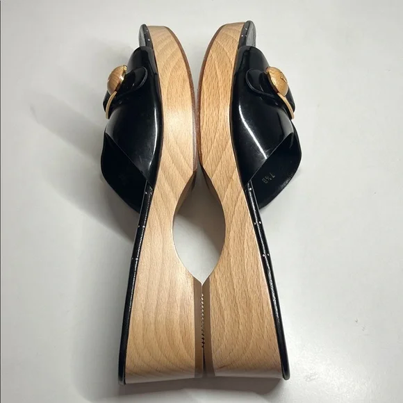 Chanel Patent Leather Wood Mule Wedges Slip On’s Logo Buckle Women's 7.5 B - Picture 2 of 16